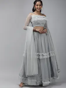DIVASTRI Grey Embellished Beads and Stones Semi-Stitched Lehenga & Unstitched Blouse With Dupatta