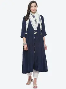Biba Navy Blue Ethnic Motifs Ethnic A-Line Midi Dress