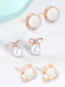 Zaveri Pearls Rose Gold-Plated & White Set of 3 Contemporary Studs Earrings