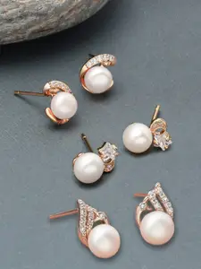 Zaveri Pearls Set of 3 Rose Gold-Plated Contemporary Studs Earrings