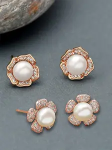 Zaveri Pearls Set Of 2 Rose Gold-Toned & Plated CZ-Studded Floral Studs Earrings