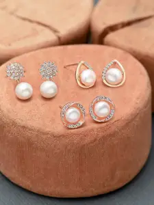 Zaveri Pearls Set of 3 Rose Gold Plated & White Circular Studs