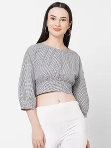 109F Black & White Checked Blouson Crop Top With Bow At The Back