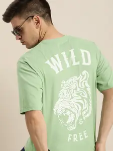 Difference of Opinion Men Green & White Printed Pure Cotton Loose T-shirt
