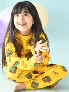 Anthrilo Girls Yellow & Green Printed Cotton Night suit