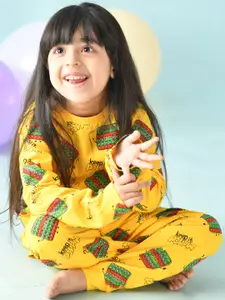 Anthrilo Girls Yellow & Green Printed Pure Cotton Night suit