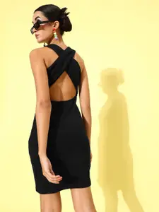 KASSUALLY Women Elegant Black Solid 70s Mini Dress