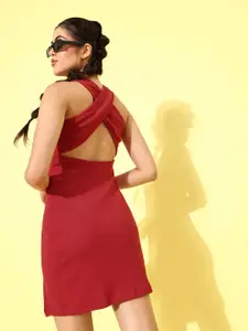 KASSUALLY Women Stunning Red Solid 70s Mini Dress