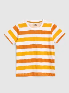 YK Boys White & Yellow Striped Running Cotton T-shirt