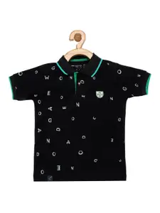 earth conscious Boys Black Printed Polo Collar Cotton T-shirt