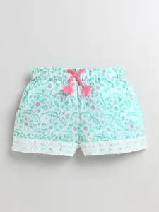 Cherry Crumble Girls Green Floral Printed Cotton Shorts