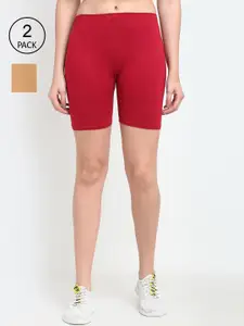 Jinfo Women Beige & Maroon Pack Of 2 Cycling Sports Shorts