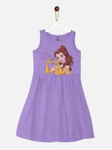 YK Disney Girls Purple Beauty & The Beast Printed Cotton Fit & Flare Sleeveless Dress