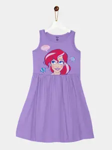 YK Disney Girls Purple & Red Little Mermaid Printed Areal Fit & Flare Sleeveless Dress