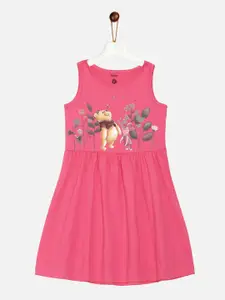 YK Disney Girls Pink & Yellow Winnie The Pooh Printed Pure Cotton Dress