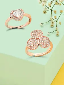 Zaveri Pearls Set Of 2 Rose Gold-Plated & White CZ-Studded Finger Rings