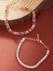 Zaveri Pearls Set Of 2 Multicoloured Cubic Zirconia Rose Gold-Plated Wraparound Bracelet
