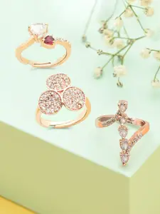 Zaveri Pearls Set Of 3 Rose Gold-Plated CZ-Studded Adjustable Contemporary Finger Rings