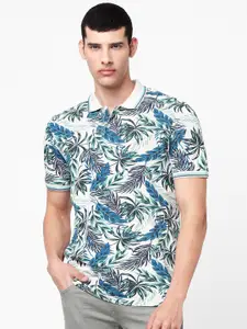 Celio Men White & Blue Floral Printed Polo Collar Tropical T-shirt