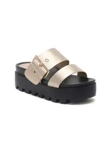 London Rag Gold-Toned PU Flatform Sandals with Buckles