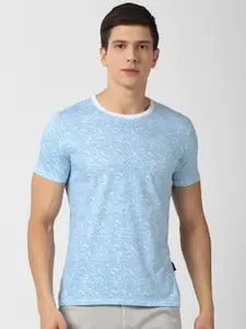V Dot Men Blue & White Printed Round Neck Cotton Slim Fit T-shirt