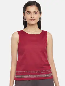 AKKRITI BY PANTALOONS Women Maroon & Blue Solid Pure Cotton Round Neck Regular Top