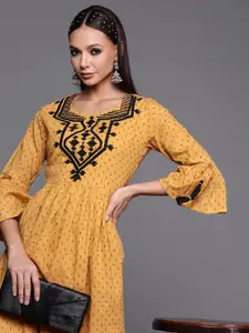 Indo Era Mustard Yellow Ethnic Motifs Embroidered Ethnic A-Line Midi Dress