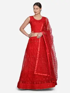 Atsevam Red Embroidered Thread Work Semi-Stitched Lehenga & Unstitched Blouse With Dupatta