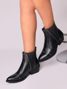 Monrow Black Embellished PU Block Heel Boots