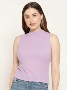 Miaz Lifestyle Women Purple Solid High Neck Organic Cotton Fitted Top