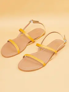 max Women Mustard Yellow Open Toe Flats with Bows
