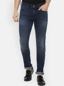 Louis Philippe Jeans Men Navy Blue Low Distress Light Fade Cotton Jeans