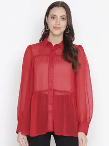 Oxolloxo Women Red Solid Sheer Comfort Casual Shirt