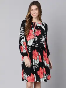 Oxolloxo Women Black Floral Printed Crepe A-Line Dress