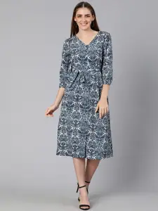 Oxolloxo Blue Ethnic Motifs Satin Sheath Midi Dress