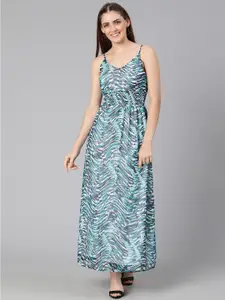Oxolloxo Blue & White Printed Satin Shoulder Strap Maxi Dress