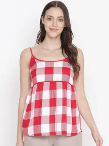Oxolloxo Red & White Checked Shoulder Straped Crepe Night Wear Top