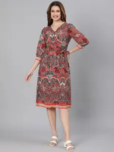Oxolloxo Red & Beige Ethnic Motifs Satin A-Line Dress