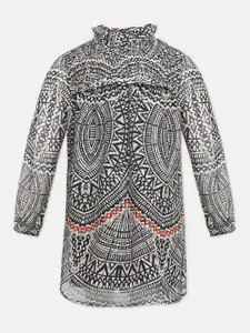 Oxolloxo White & Black Ethnic Motifs Satin Shirt Dress