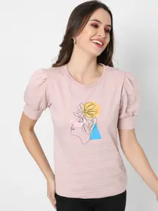 Campus Sutra Women Pink Graphic Printed Cotton Top