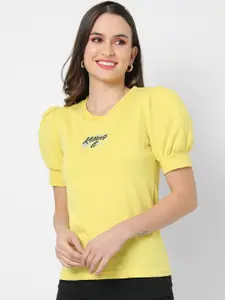 Campus Sutra Yellow Solid Puff Sleeves Pure Cotton Top