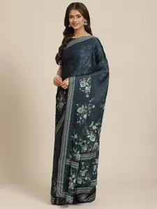 Inddus Navy Blue Floral Beads and Stones Satin Saree