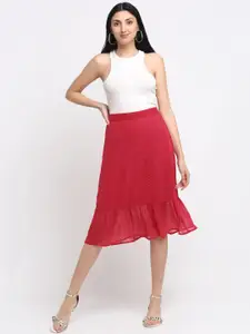 NEUDIS Women Red Self Design Ruffled A-Line Knee Length Skirt