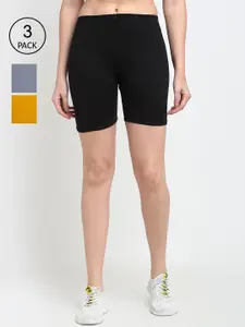 Jinfo Women Black & Grey Set of 3 Solid Cycling Sports Shorts