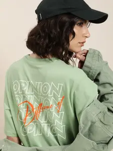 Difference of Opinion Women Green Pure Cotton Back Print Oversized T-shirt
