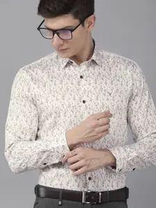 V Dot Men White And Brown Slim Fit Tropical Printed Pure Cotton Formal Shirt