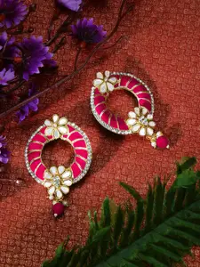 LIVE EVIL Fuchsia Pink & Gold-Plated Mirror Work Circular Drop Earrings
