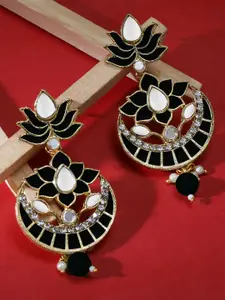 LIVE EVIL Black & Gold-Plated Mirror Work Crescent Shaped Chandbalis Earrings