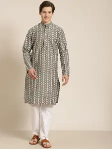 SOJANYA Men Olive Green & White Ethnic Motifs Embroidered Kurta