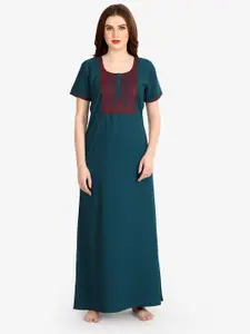 Sand Dune Women Teal Embroidered Maxi Maternity Nightdress